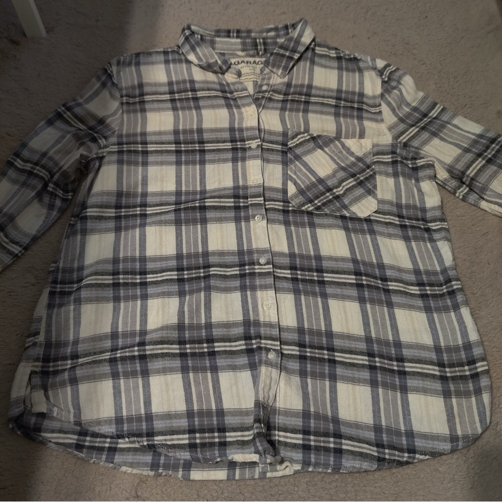 Garage Gray Cream Plaid Boyfriend Fit Button Front Flannel Shirt